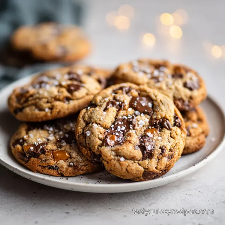 Warm, chewy cookies stacked artfully, one broken open to reveal melty chocolate.