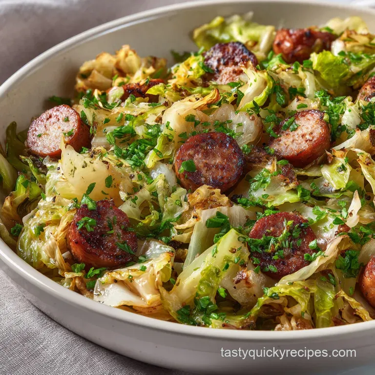 A mound of caramelized cabbage and sausage with crispy, dark bits sits on a plate, garnished with fresh parsley and black ...