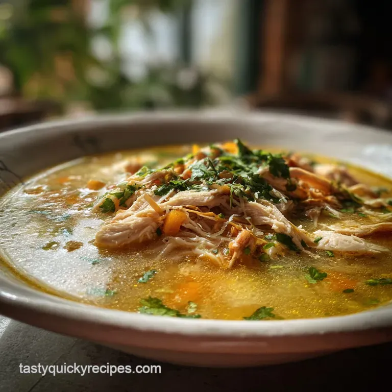 Steaming bowl of Mexican chicken soup. Colorful vegetables peek through rich broth, topped with fresh cilantro; a comforti...