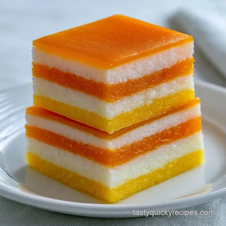 Tri-colored dessert squares stacked elegantly, showing smooth layers of yellow, orange, and white on marble.