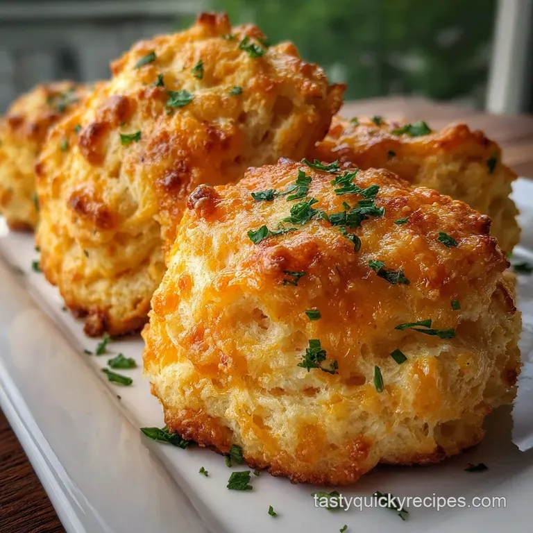 Stack of three warm cheddar biscuits on a plate, steam rising, sprinkled with herbs, next to a pat of melting butter.