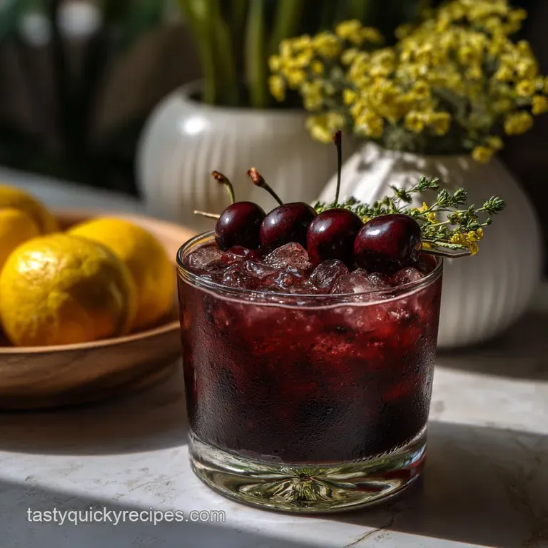 Elegant cherry cocktail in a stemmed glass, garnished with a vibrant red cherry, a sprig of mint, and a dusting of powdere...