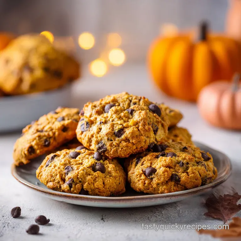 Soft, golden-brown pumpkin cookies piled high on a white plate, drizzled with caramel.