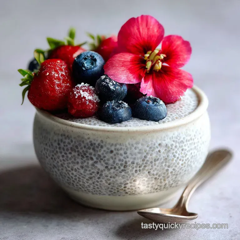 Elegant chia seed pudding parfait layered in a tall glass. Swirls of creamy pudding & bright fruit create a visually appea...