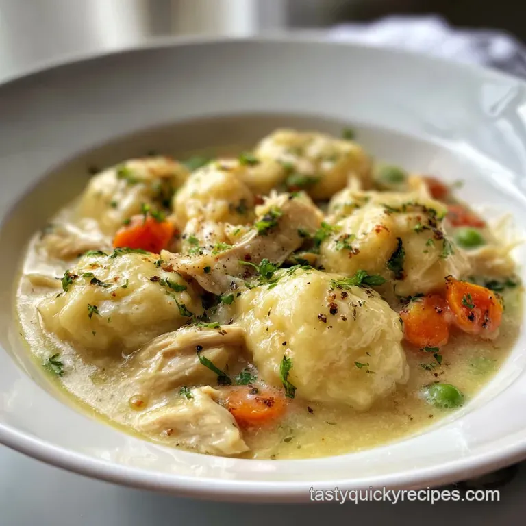 Elegant bowl of chicken and dumplings, garnished with fresh parsley. Steam rises from the creamy, savory stew.