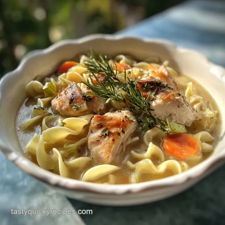 Elegant bowl of glistening chicken and noodles with herbs; a creamy, comforting presentation perfect for a cozy meal.