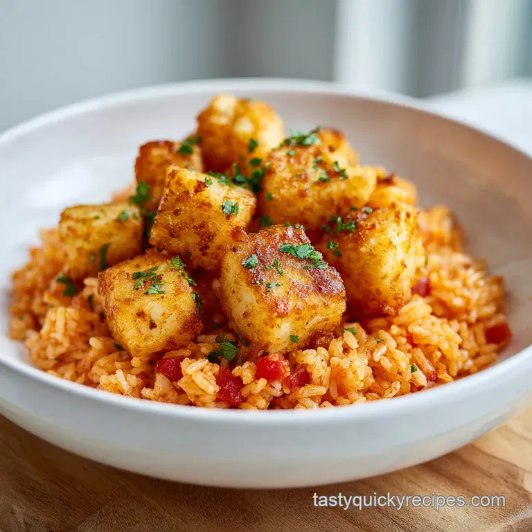 A colorful bowl of seasoned rice and chicken topped with diced avocado, red salsa, and a sprig of fresh cilantro.