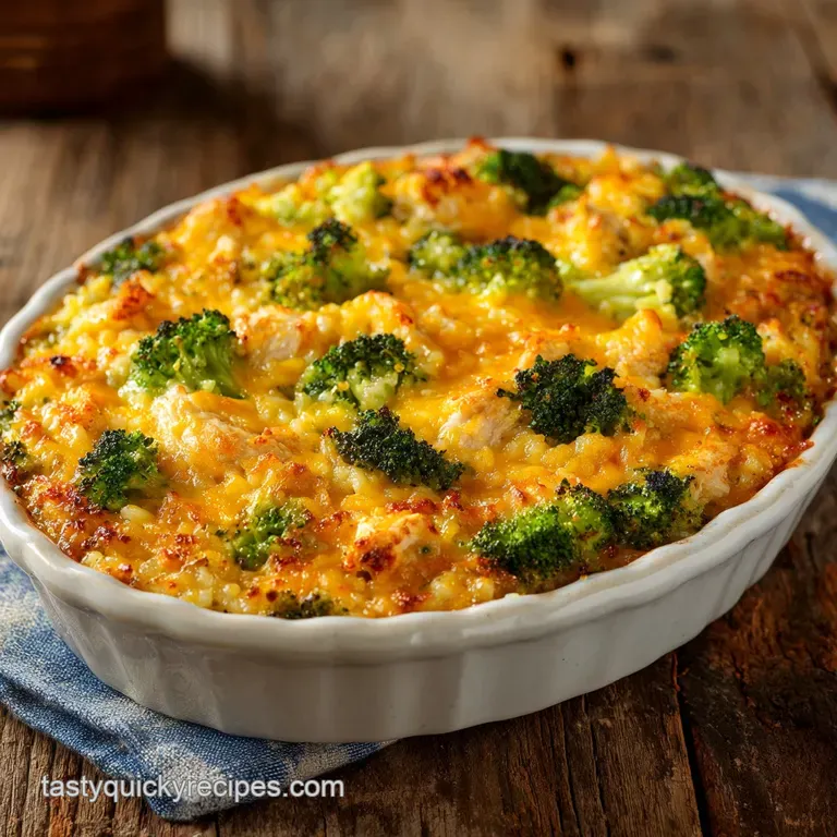 A generous scoop of creamy chicken and rice with bright green broccoli on a white plate, garnished with parsley.