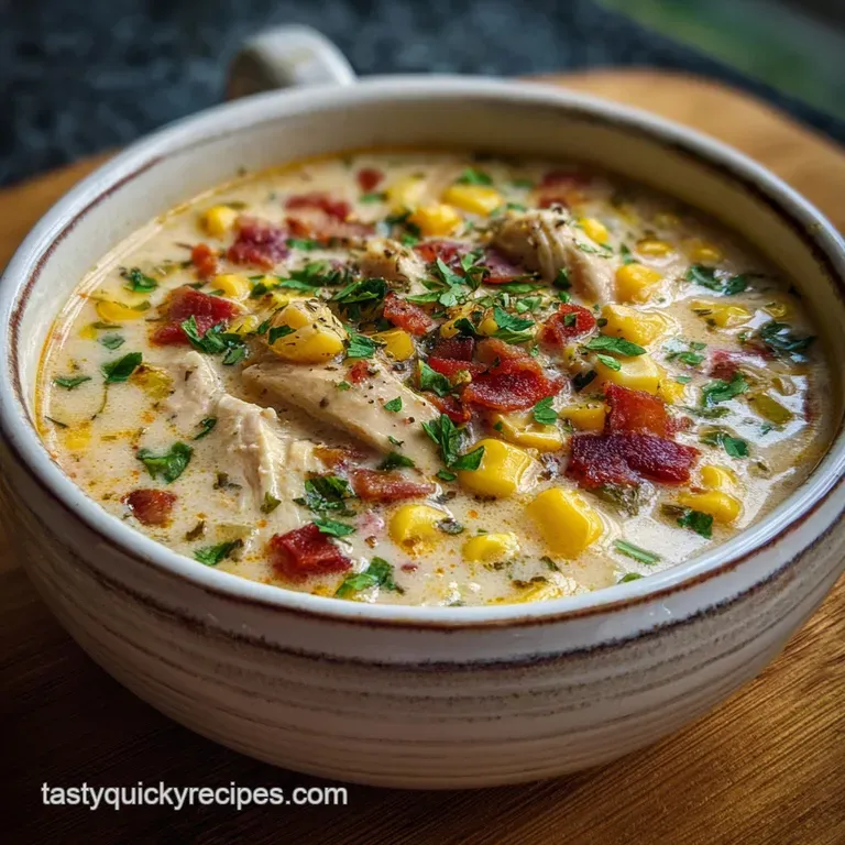 A steaming bowl of chicken corn chowder, garnished with fresh parsley, next to crusty bread. Warm, inviting, and ready to ...