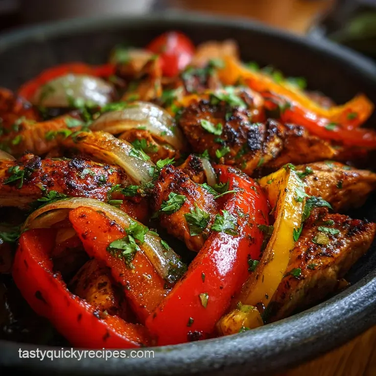 Colorful fajita platter piled high with juicy chicken, bell peppers, onions, and warm tortillas for serving.