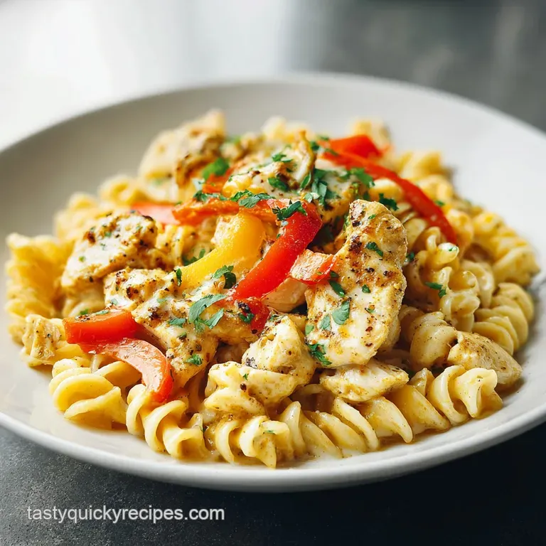 Plated swirl of creamy pasta studded with tender chicken and colorful peppers, garnished with cilantro sprig, steam rising...
