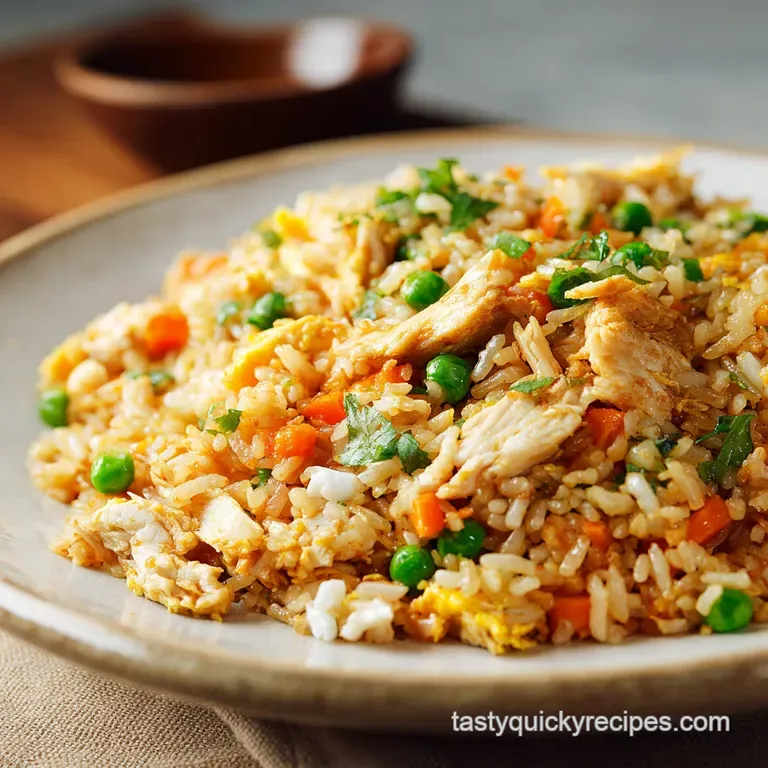 Perfectly portioned fried rice in a bowl, steam rising, showcasing the blend of fluffy rice, chicken, and crisp vegetables.