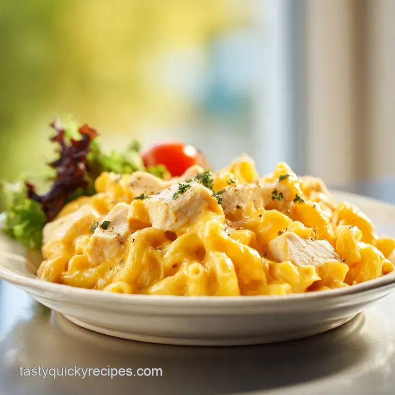 A swirl of cheesy noodles and tender chicken, garnished with fresh parsley. Warm, inviting comfort food on a white plate.