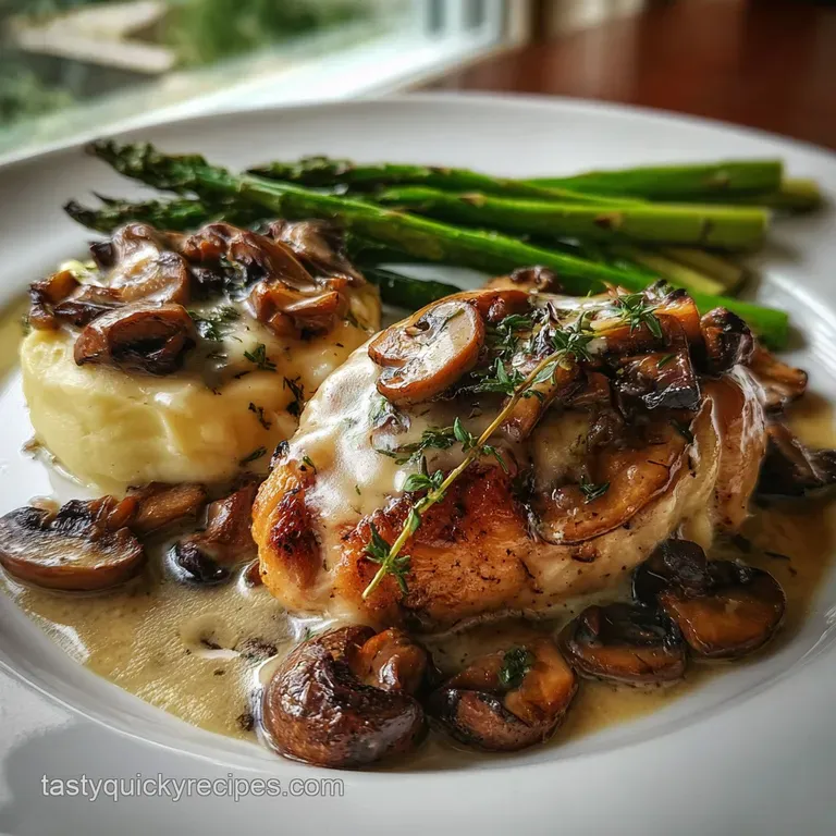 Elegant plate with juicy chicken bathed in silky sauce. Fluffy mashed potatoes and vibrant green asparagus spears alongsid...