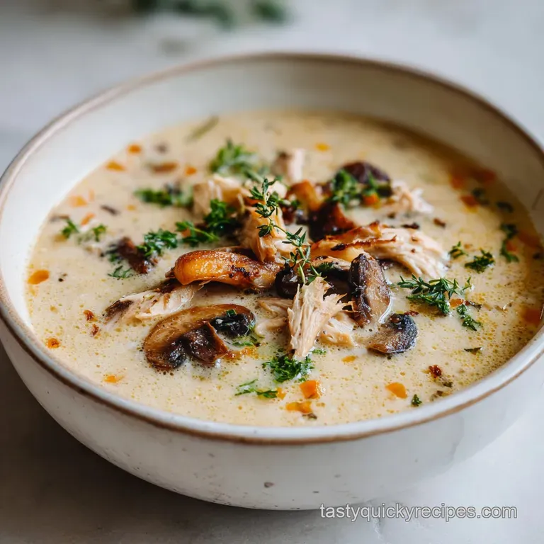 Elegant presentation: creamy chicken and mushroom soup in a white bowl, garnished with fresh parsley, served with crusty b...