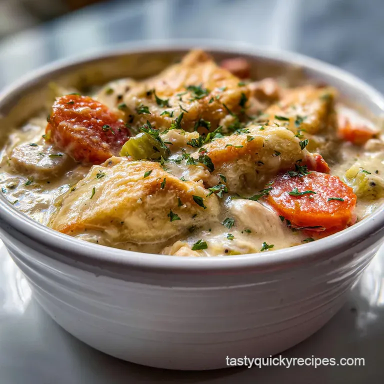 Individual ramekin of chicken pot pie with a golden, puffed crust alongside a sprig of fresh thyme. Comfort food elevated.