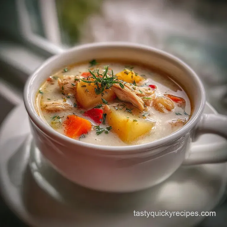 Elegant bowl of creamy chicken potato soup. Garnish of fresh parsley & cracked pepper. A cozy & inviting meal. Delicious!