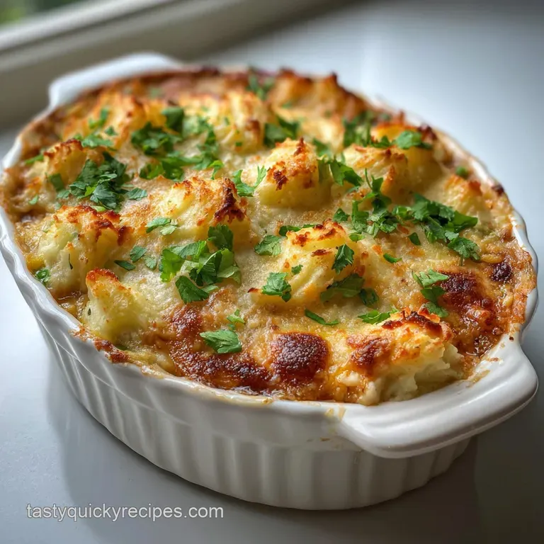 Creamy shepherd's pie with a perfectly browned, piped potato topping, garnished with fresh herbs on a rustic plate.