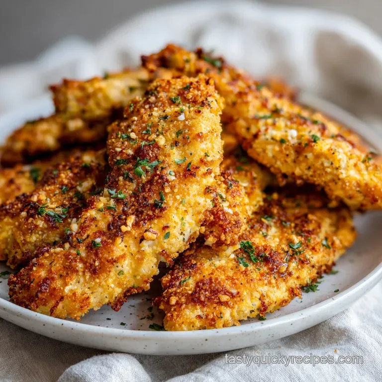 Crispy chicken strips arranged artfully on a white plate, sprinkled with fresh green herbs.