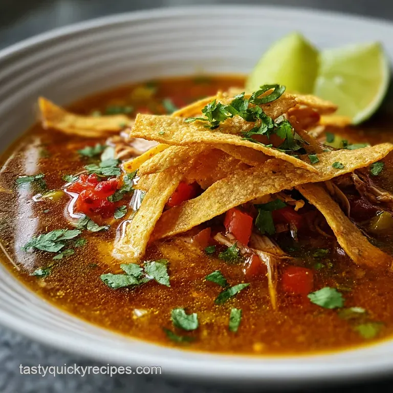 Creamy chicken tortilla soup in a rustic bowl, topped with avocado, cheese, and a vibrant sprig of cilantro for a fresh, a...