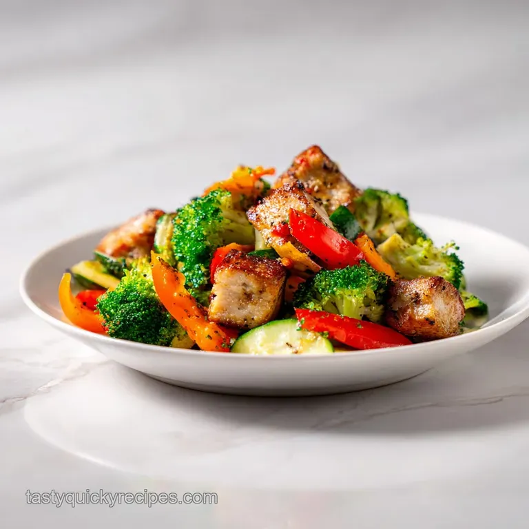 Neatly plated saut&eacute;ed chicken and vibrant mixed vegetables served on a matte white plate with a sprinkle of parsley.