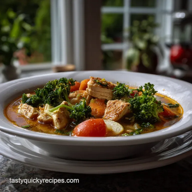 Elegant white bowl showcasing a portion of chicken and vegetable soup; rich broth with visible, tender chicken pieces. A c...