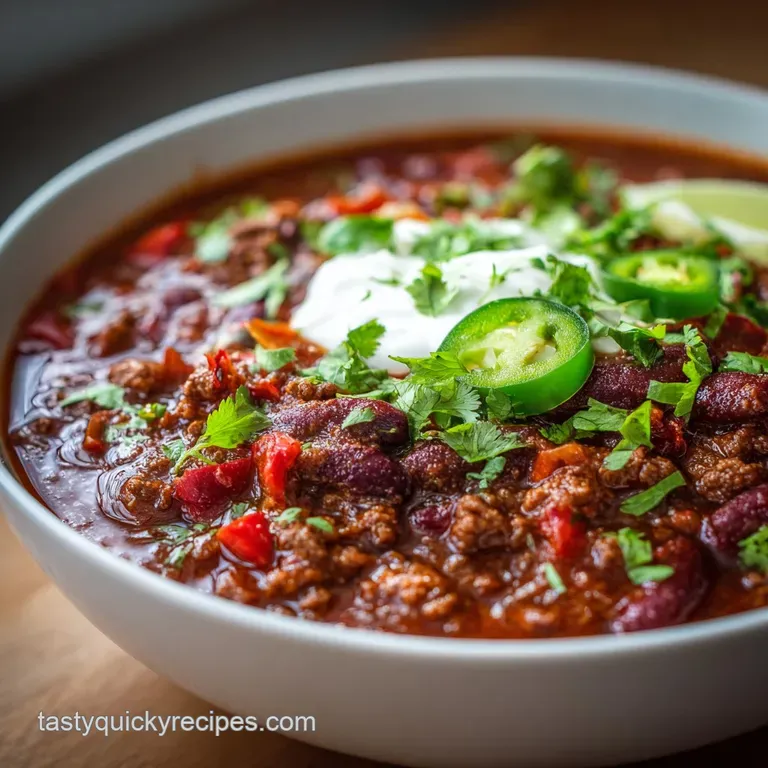 A steaming bowl of chili topped with sour cream swirls, bright green onions, and a sprinkle of chili powder.