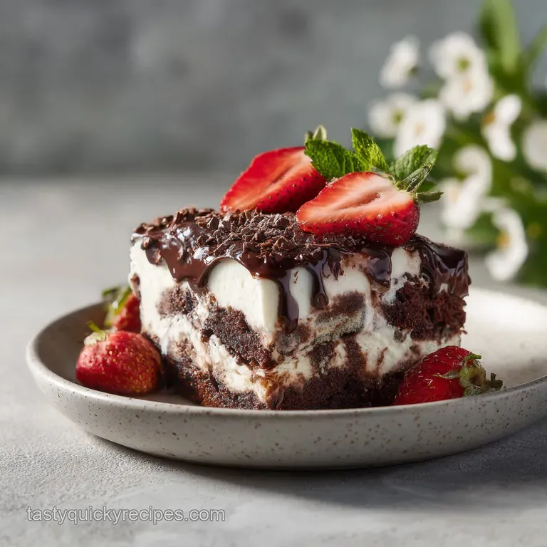 A single, rich chocolate brownie square artfully drizzled with melted chocolate