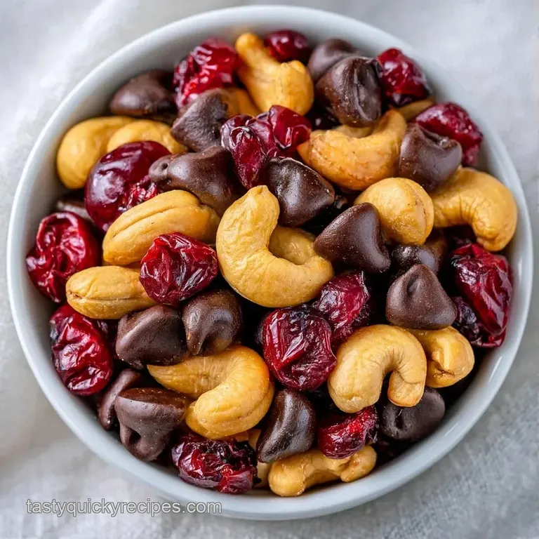 An elegant glass bowl overflowing with glossy chocolate chips, earthy brown nuts, and vibrant ruby-red berries.
