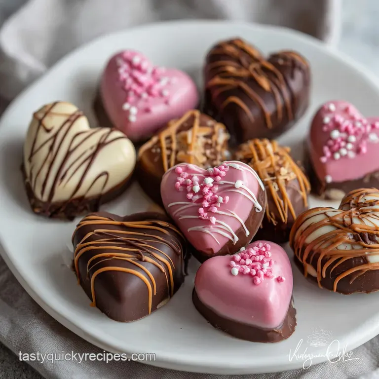 Dark chocolate bark squares artfully arranged; flecks of red hearts and crisps sparkle on a marble surface.