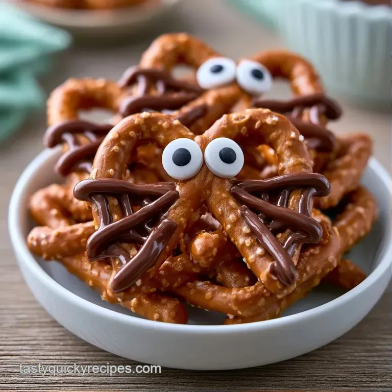 Crispy twisted pretzels arranged on a dark slate platter, drizzled with glossy white icing in spider web patterns