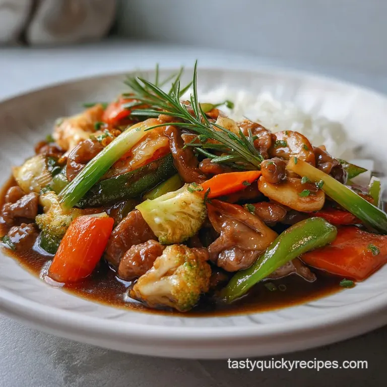 A perfectly plated chop suey; steam rising from the colorful mix of crisp vegetables and tender protein on a white plate.