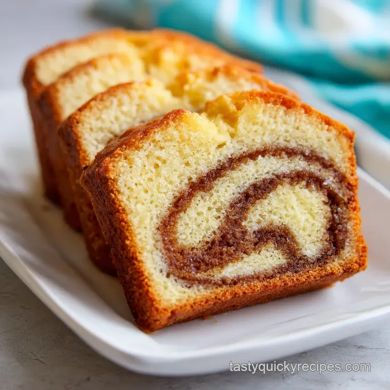 A thick slice of golden cake on a ceramic plate, topped with a drizzle of white glaze and a dusting of cinnamon.