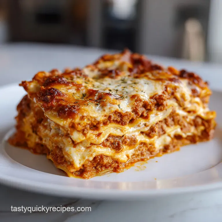A slice of warm lasagna, layers of pasta, meat sauce, and cheese oozing out. Garnished with fresh basil on a white plate.