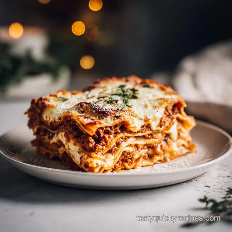 Richly layered lasagna with melted cheese topping, golden-brown edges, and a vibrant tomato sauce accent