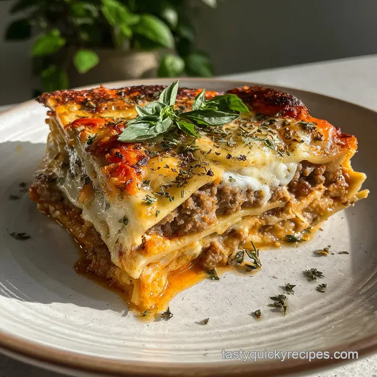 A slice of lasagna on a white plate, showcasing distinct layers of pasta, meat sauce, and creamy ricotta, garnished with f...