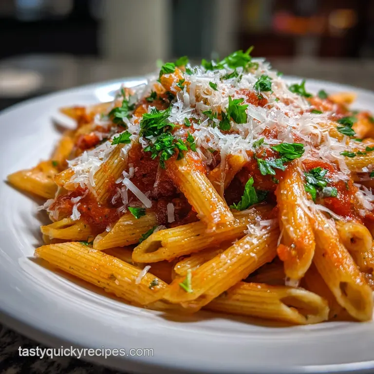 Perfectly portioned pasta glistening with rich red sauce, artfully plated & garnished with fresh basil leaves. Inviting ar...