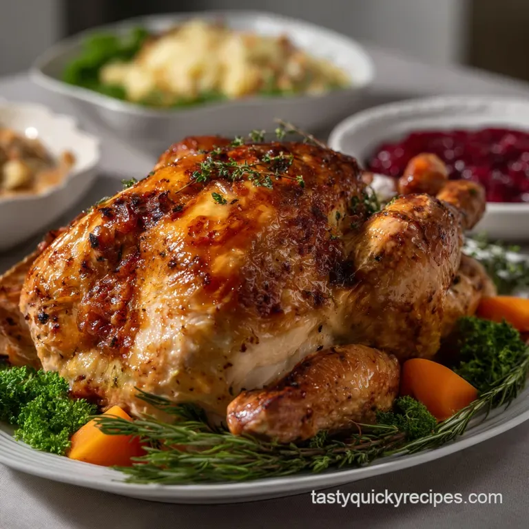 Elegant plate featuring a juicy slice of turkey, drizzled with gravy, alongside a medley of roasted root vegetables and fr...