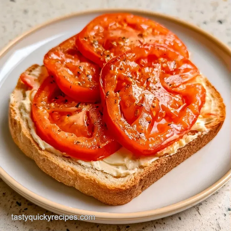 Sliced toasted sandwich on a rustic white plate, showcasing bright red tomatoes and a side of fresh greens.