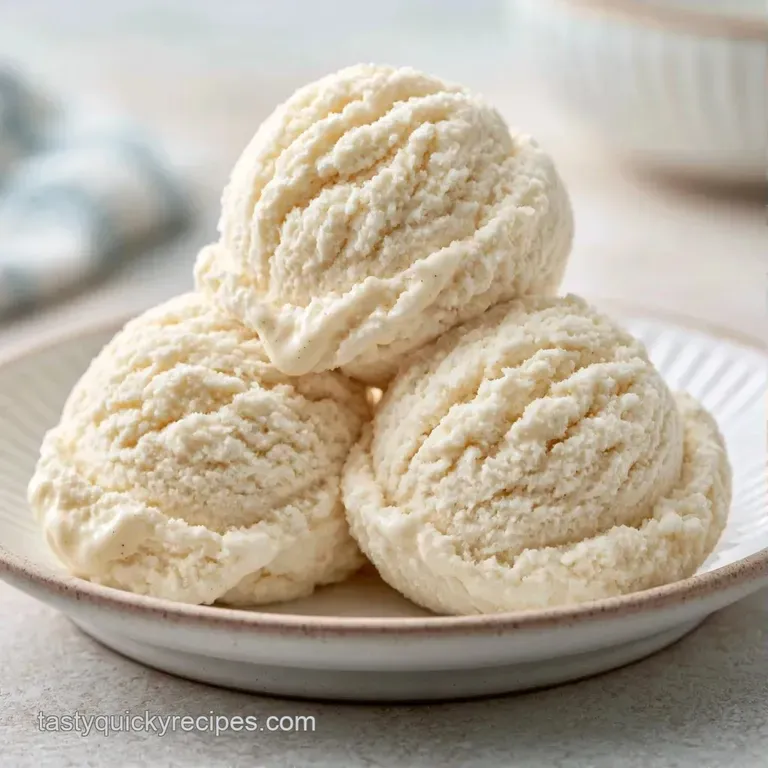 Three pristine scoops of ivory frozen dessert on a chilled plate, garnished with a fresh mint leaf and a wafer.