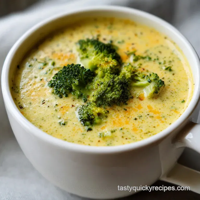 A bowl of smooth, cheesy broccoli soup, garnished with croutons and fresh broccoli. Steaming gently, creating a comforting...