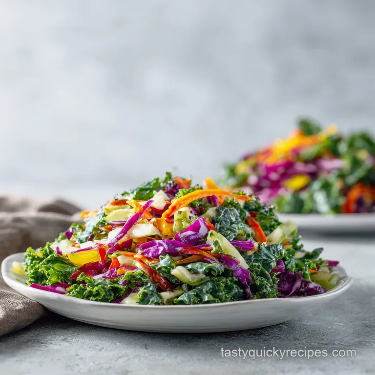 A generous portion of chopped kale salad artfully mounded, drizzled with creamy dressing.