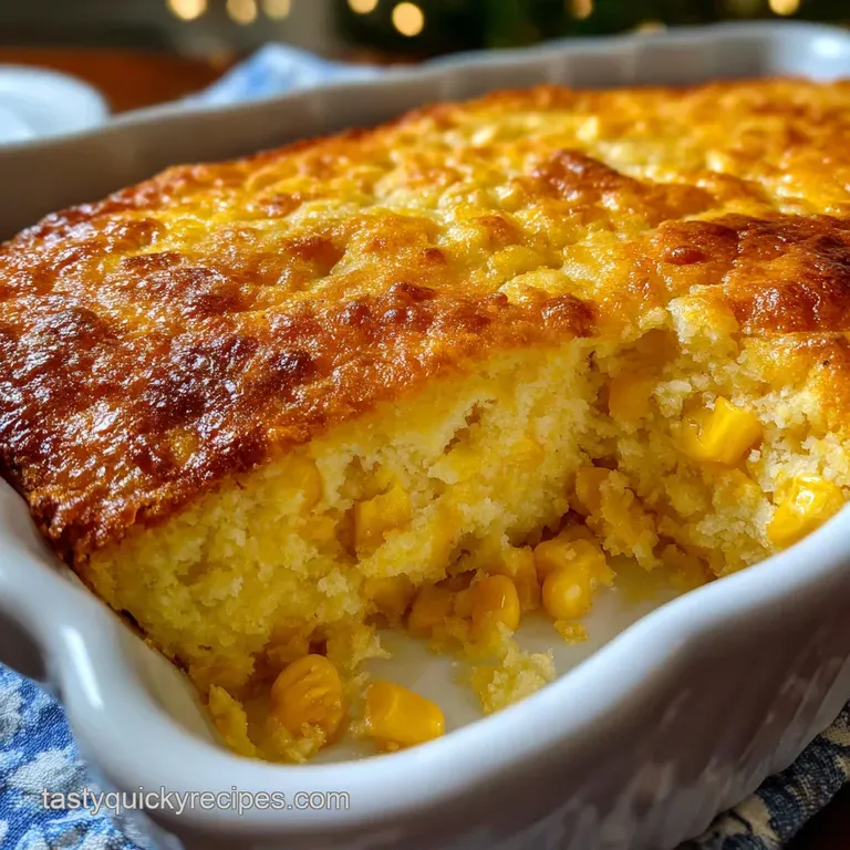 Creamy corn casserole in a rustic dish, garnished with fresh thyme. The golden crust contrasts beautifully with the green ...