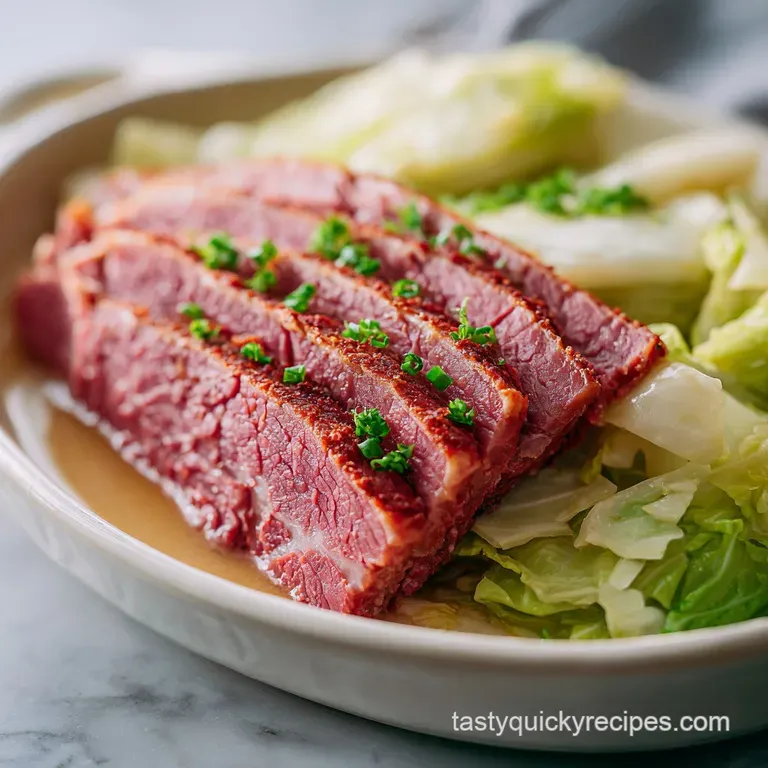 Plated corned beef and cabbage, brisket slices glistening, with braised cabbage and colorful root vegetables, a hearty, el...