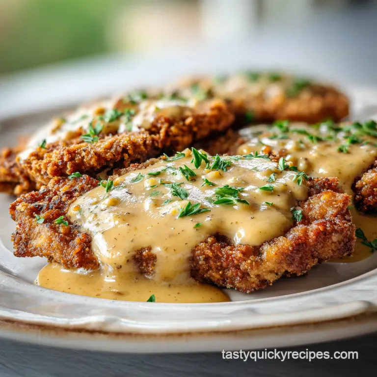 Buttery country fried steak plated with creamy mashed potatoes and vibrant green green beans. Gravy pooling around the steak.