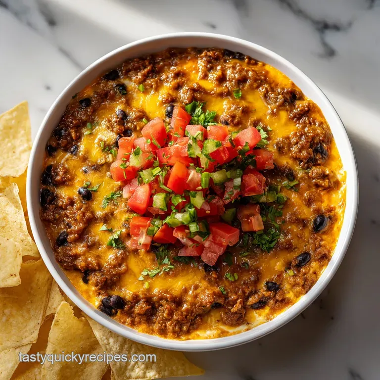 Creamy, golden queso dip overflowing onto a rustic wood board, garnished with sausage, peppers, and served with crispy tor...