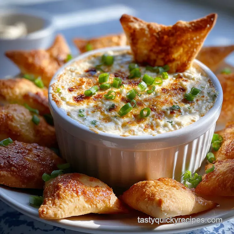 Creamy crab dip served in a elegant white bowl. Garnished with vibrant green scallions and golden fried wonton chips.