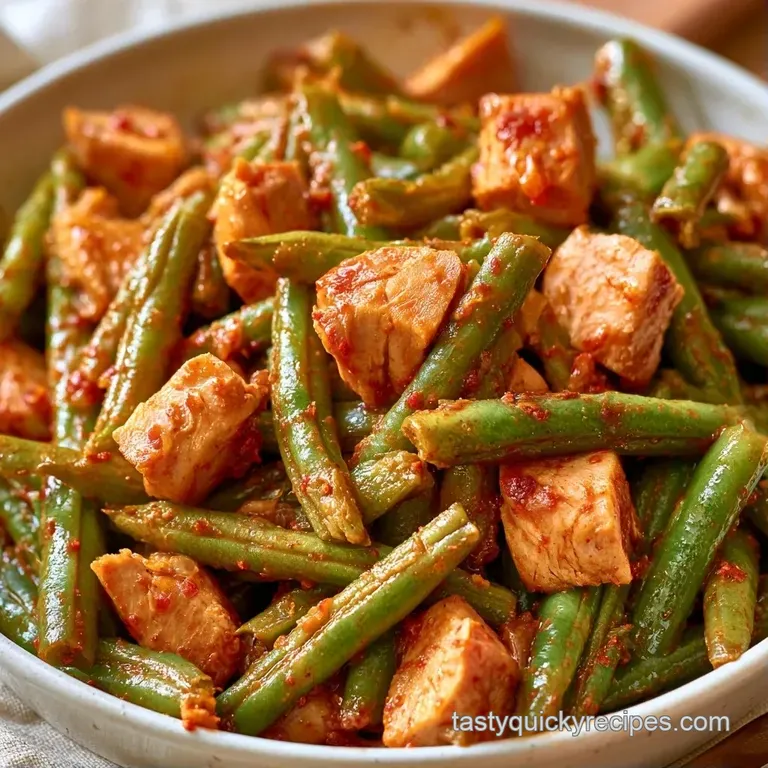 Vibrant green beans smothered in a rich white sauce, served in a ceramic dish with a sprinkle of fresh green parsley.