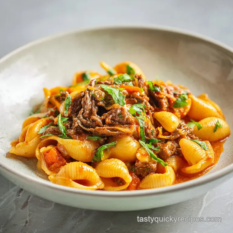 Creamy pasta shells served in a shallow white bowl, topped with melted cheddar cheese and fresh green herbs.