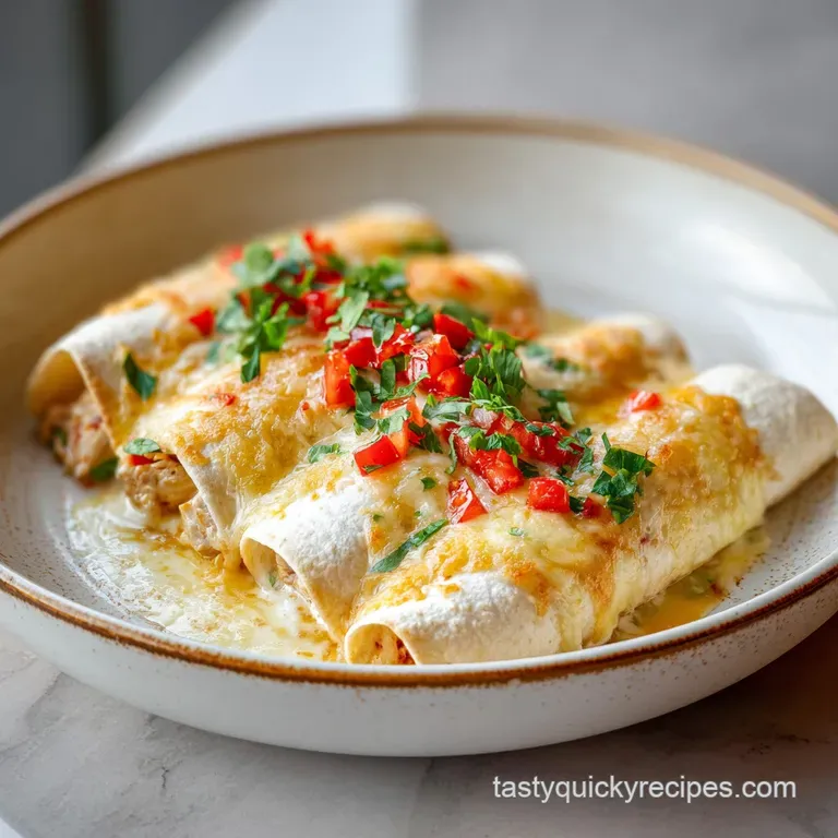 Plated chicken enchilada glistening with red sauce, topped with cool sour cream and fresh scallions. A vibrant, flavorful ...